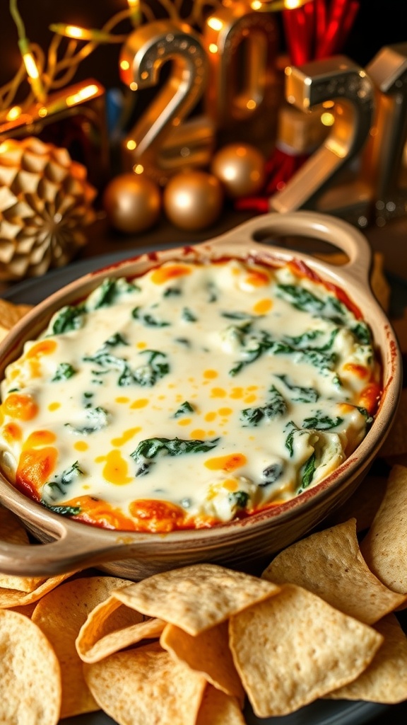 Warm spinach and artichoke dip in a baking dish with tortilla chips, set in a festive New Year